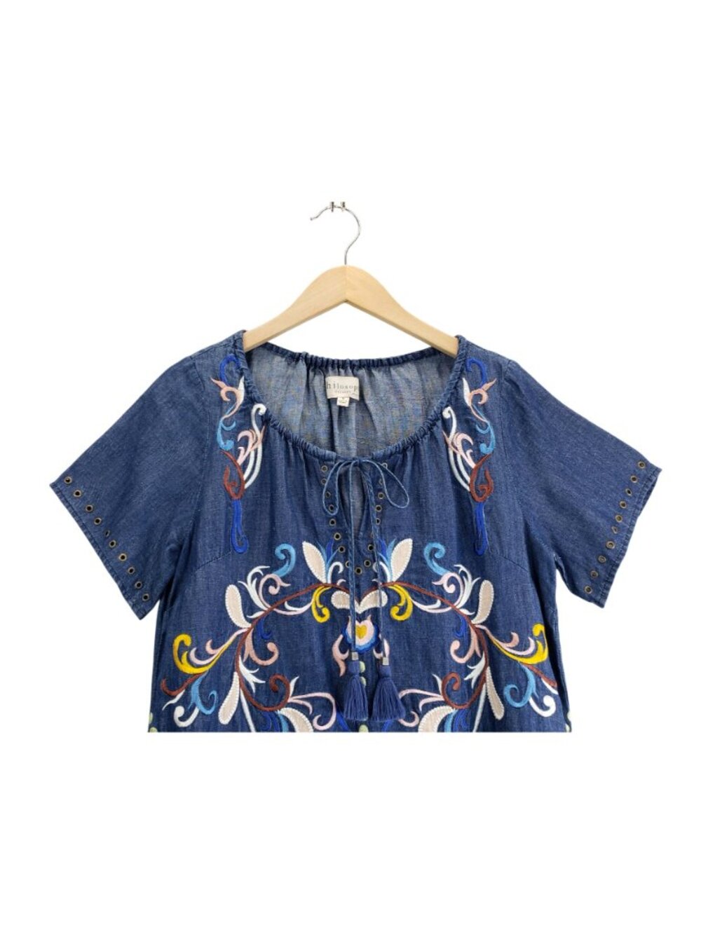 Philosophy Boho Chambray Dress S Blue Floral Embroidery Peasant Tassel Gromets - Picture 3 of 15